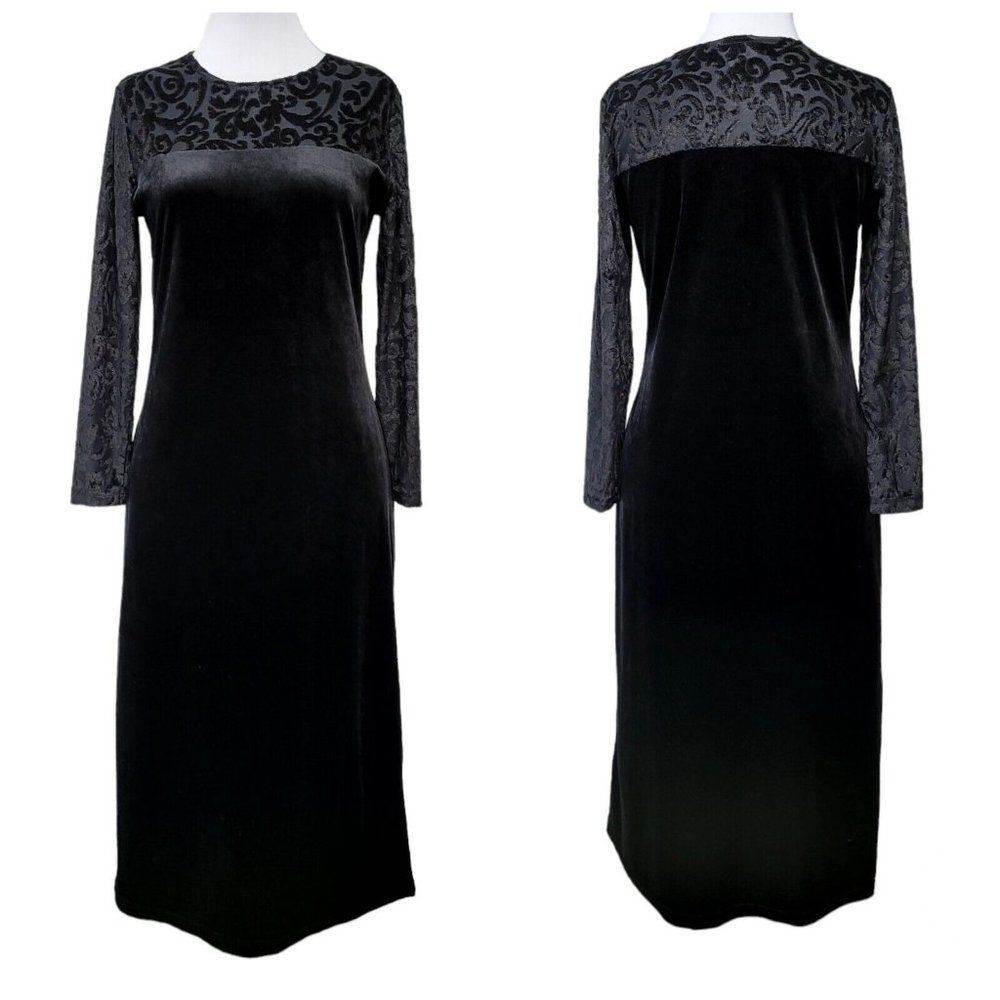 Diane‎ Von Furstenberg Black Velvet Devore Burnout Maxi Dress Long Sleeve Gothic